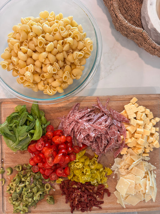 Charcuterie Board Pasta Salad with Creamy Balsamic Tahini Dressing
